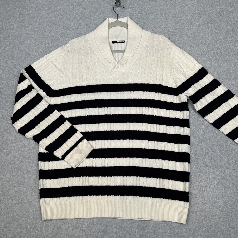 Murano Sweater Women L Breton Stripe Shawl Neck Cable Knit Merino Wool Fisherman
